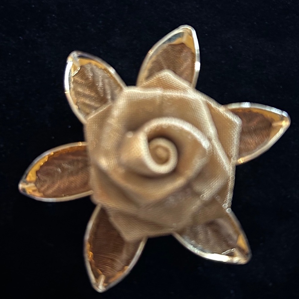 Vintage Gold Fabric Rose Flower Brooch Pin – Organza Petals – 2.5"